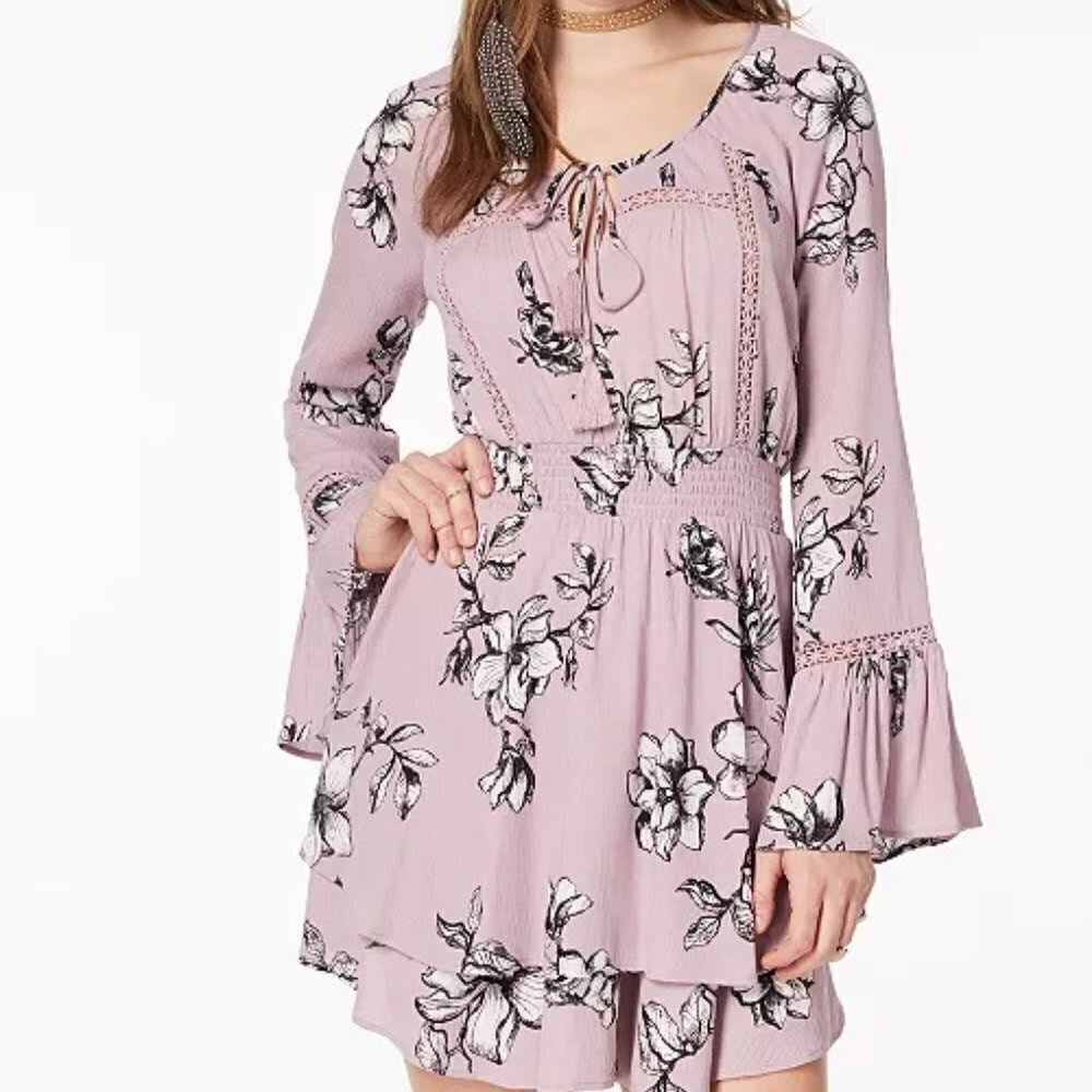 American Rag Boho Peasant dress flared sleeves tiered hem - pink floral - XXS